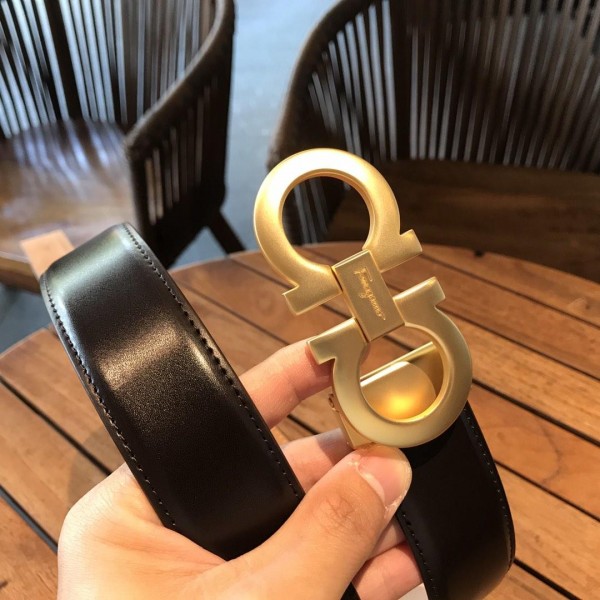 Replica Shiny black leather Ferragamo gold belt ASS02143