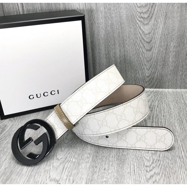 Replica Gucci White leather interlocking G buckle belt ASS02366