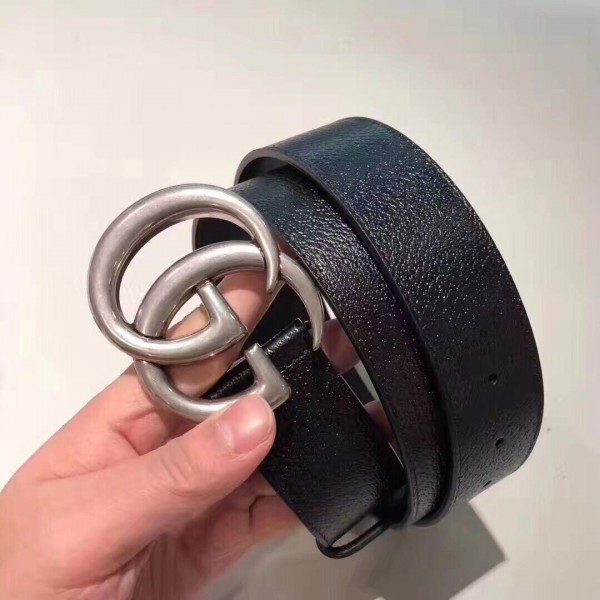 Replica Black Leather Gucci Silver Men's Buckle belt ASS02306