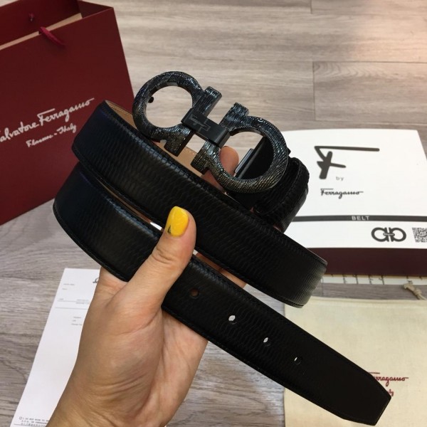 Replica Black Shiny Ferragamo buckle belt ASS02250