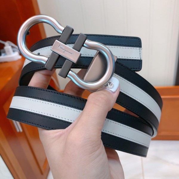 Replica Black & white leather Ferragamo belt ASS02100