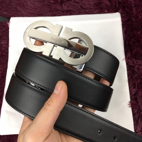 Replica Silver Ferragamo black leather belt ASS02158