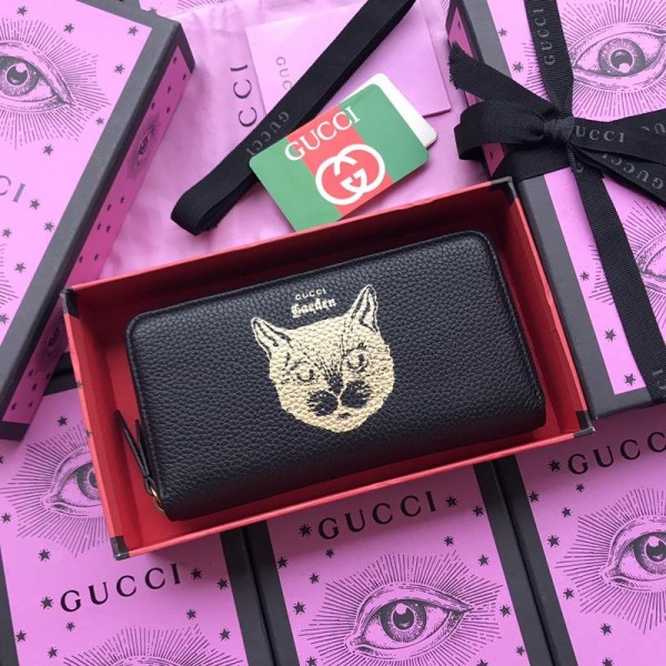 Replica Gucci black leather cat wallet GC07WM047