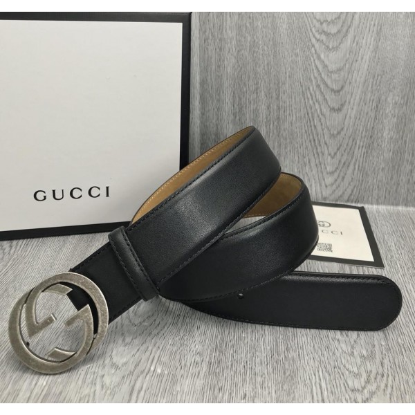 Replica Interlocking G Gucci black buckle silver belt ASS02335