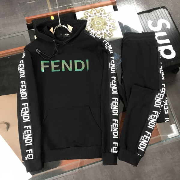 Replica Fendi Hoodie FF logo stripe suit in Black