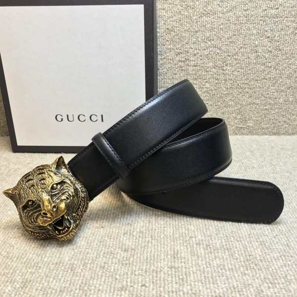 Replica Gucci Lion Gold Buckle Black leather belt ASS02360