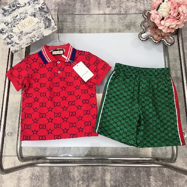 Replica Gucci 2022 Boy's Polo Shirt and Shorts Set in Red