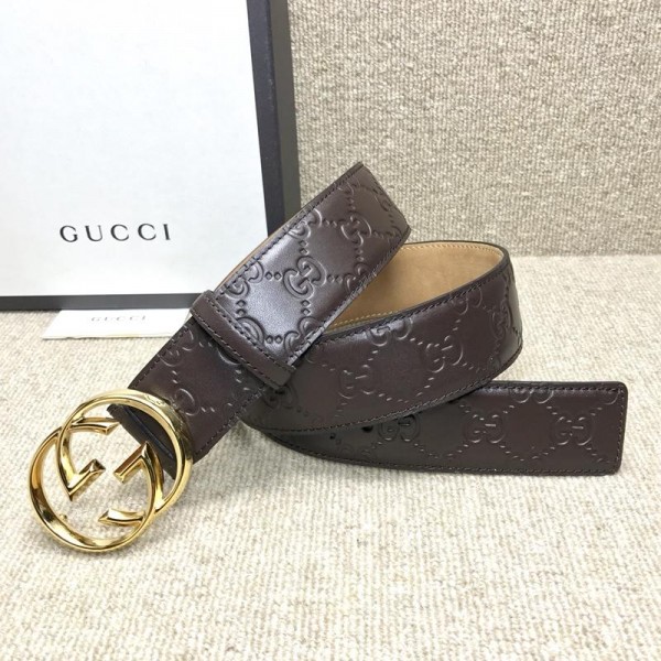 Replica Gucci Brown Interlocked G Gold buckle belt ASS02342