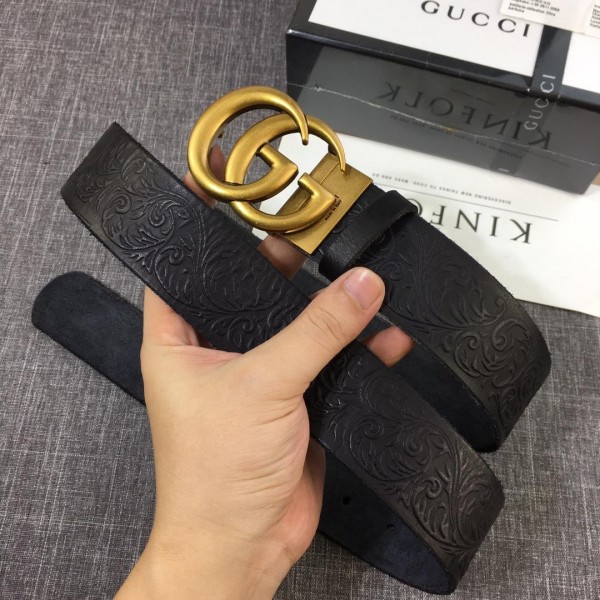 Replica Gucci Gold Double G Black Leather belt ASS02420