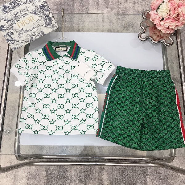 Replica Gucci 2022 Boy's Polo Shirt and Shorts Set in Green