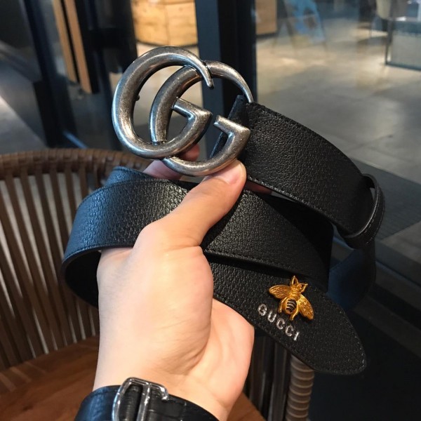 Replica Gucci Black leather Double G Silver belt ASS02423