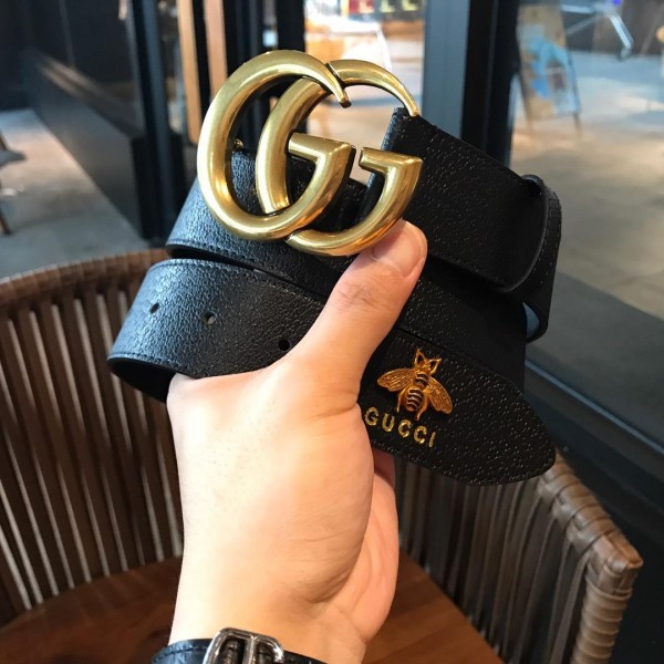 Replica Gucci Black leather Double G Gold belt ASS02424