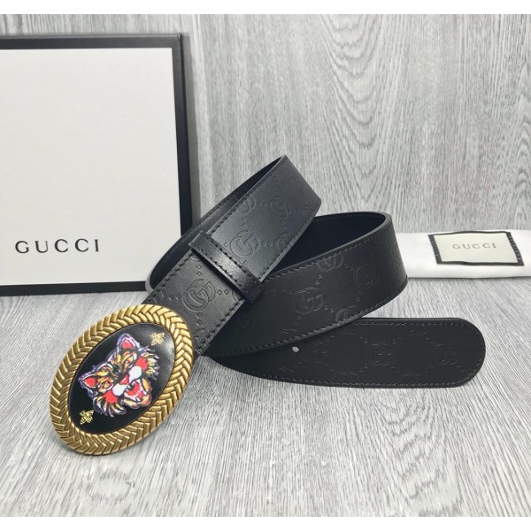 Replica Gucci Black Leather Feline Gold Buckle belt ASS02390