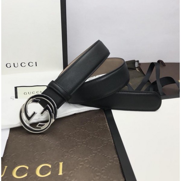 Replica Black Interlocking Gucci Silver Men's Buckle belt ASS02305