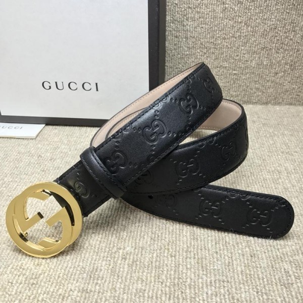 Replica Gucci Black Leather Interlocked G Gold Belt ASS02343