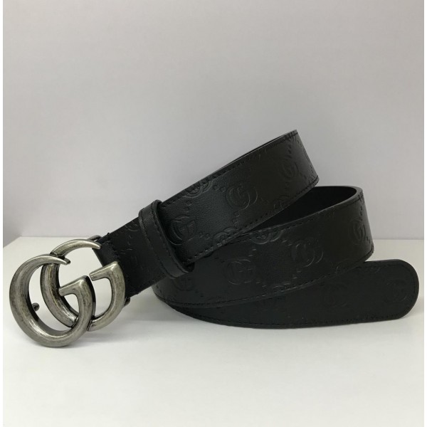 Replica GG Gucci Black Leather Silver buckle belt ASS02389