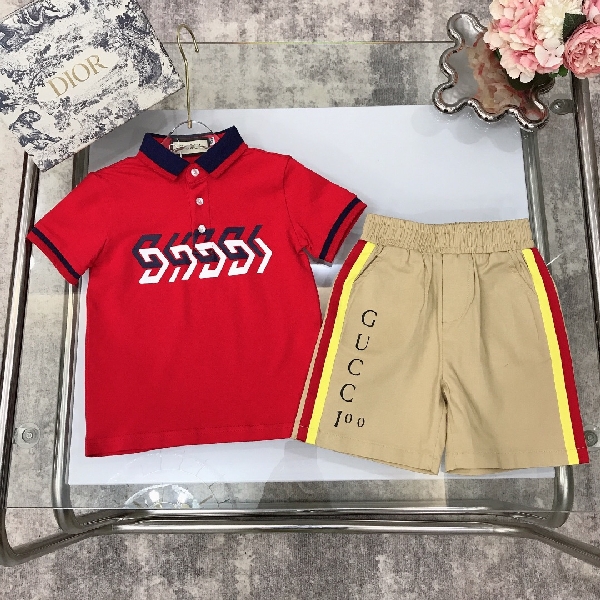 Replica Gucci 2022 Boy's Polo Shirt and Shorts Set in Red