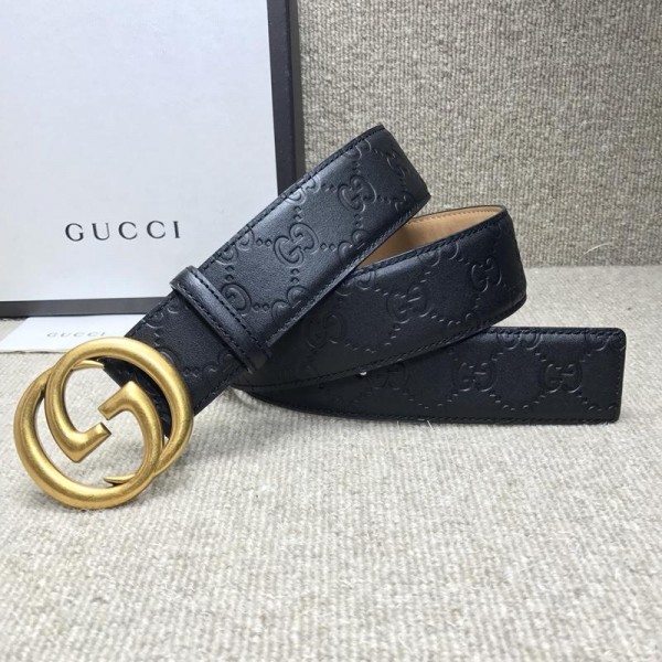 Replica Gucci Interlocking G black leather Gold belt ASS02368