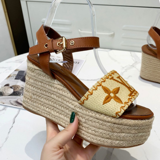 Louis Vuitton Womens Shoes Sandals Leather Design Luxury Brand Summer Fashion Sandals BOUNDARY WEDGE SANDAL Cognac Brown 1A8TFW with Original Box Whatapp