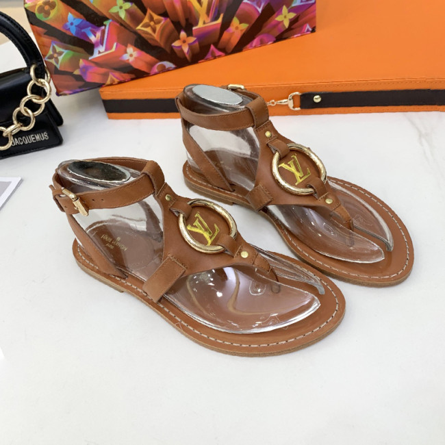 Louis Vuitton Womens Shoes Sandals Luxury Brand Genuine Leather Design FARO FLAT SANDAL Cognac Brown 1A8N1J with Original Box Whatapp