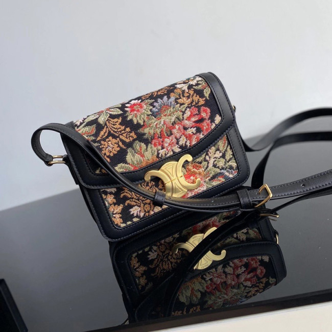 Celine Womens Bag TEEN TRIOMPHE BAG IN FLORAL JACQUARD AND CALFSKIN Whatapp