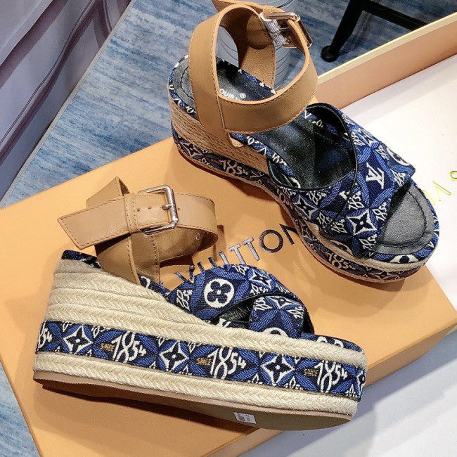 Louis Vuitton Womens Shoes Sandals Leather Design Luxury Brand SINCE 1854 BOUNDARY WEDGE SANDAL 1A8N9F Blue Jacquard textile and natural cowhide leather Whatapp