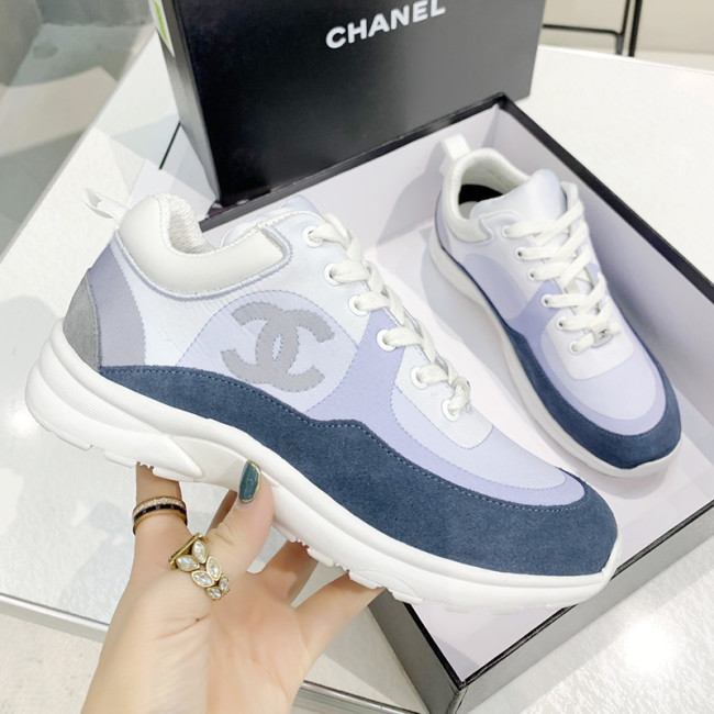 Chanel Womens Shoes Sneakers Suede Calfskin & Nylon Sky Blue G37136 Y55131 0K117 with Original Box Whatapp