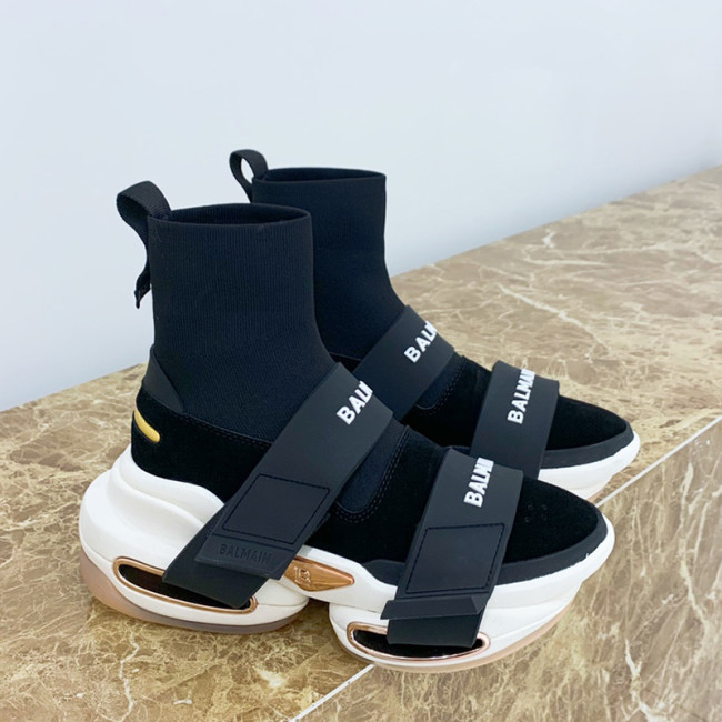 Balmain Women Shoes Sneakers Luxury Brand Black and white high-top suede and knit BBold sneakers with strap TN0C500TKSEEAB Whatapp