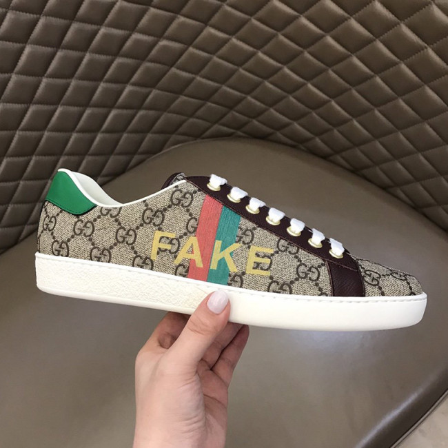 Gucci Mens Shoes Sneakers Luxury Brand Men's 'Fake/Not' print Ace sneaker in Beige and ebony GG Supreme canvas with Original Box Whatapp