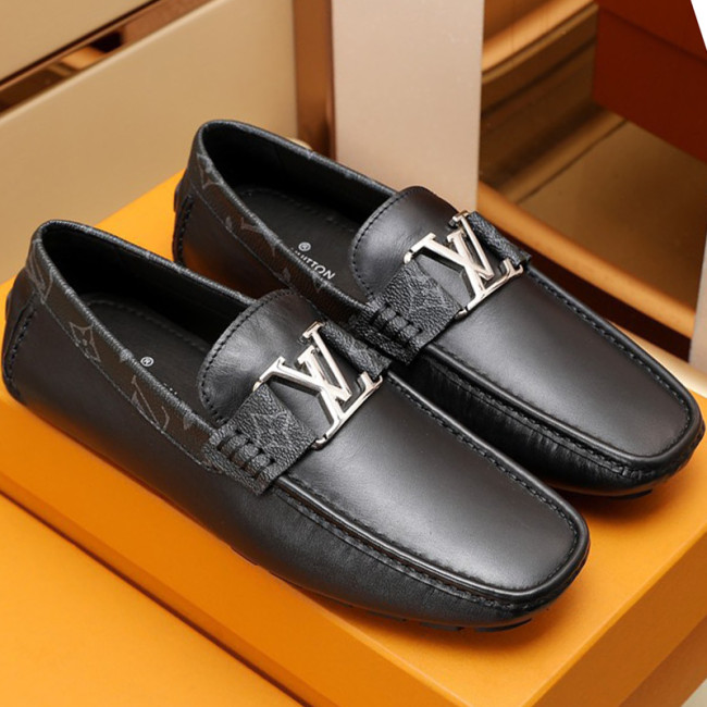 Louis Vuitton Men Shoes Luxury Brand LV Loafers Shoes with Original Box MONTE CARLO MOCCASINS 1A8F7B Black Calf leather and Monogram canvas Whatapp