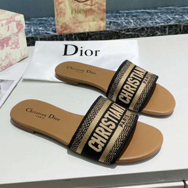 Dior Womens Shoes DWAY SLIDE Black and Beige Embroidered Cotton Luxury Brand Women Slippers Summer KCQ166ERC_S47X with Original Box Whatapp