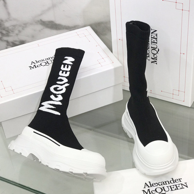 Alexander McQueen Women Shoes Sneakers Fashion Boots Design Luxury Brand Women's McQueen Graffiti Knit Tread Slick Boot in Black/white 708096W4U511041 Whatapp