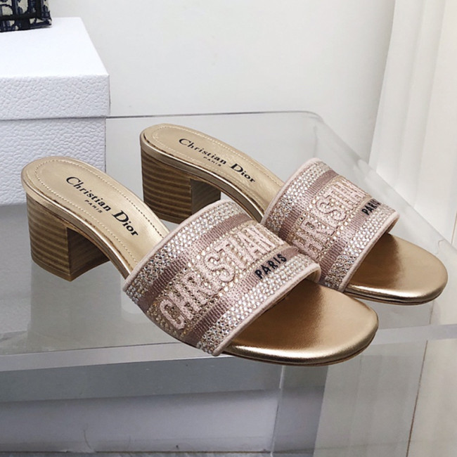 Dior Women Shoes DWAY HEELED SLIDE Embroidered Cotton Luxury Brand Womens Sandals Slippers with Original Box KCQ244ERC_S56B Whatapp