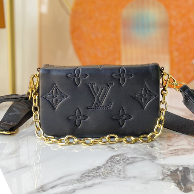 Louis Vuitton Womens Bags Messenger Shoulder Bags Luxury Brand BUBBLEGRAM WALLET ON STRAP Black Monogram-embroidered, quilted calf leather with Original Box M81398 Whatapp