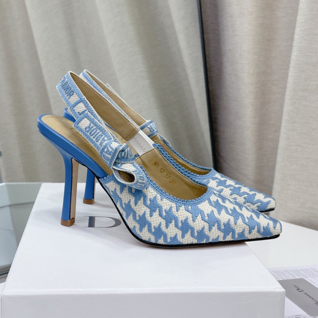 Dior Women Shoes Pumps Luxury Design Fashion Type High Heel Shoes for Wedding Style J'ADIOR SLINGBACK PUMP Cornflower Blue Cotton Embroidery with Micro Houndstooth Motif with Original Box KCP866PPE_S11N Whatapp