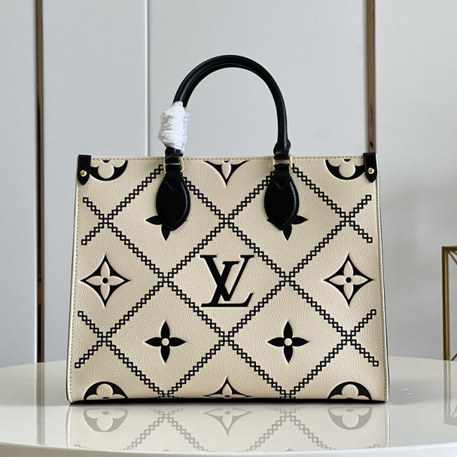 Louis Vuitton Womens Bags Handbags Luxury Brand LV ONTHEGO MM Crème Beige / Black Embroidered embossed supple grained cowhide leather M46016 without Original Box Whatapp