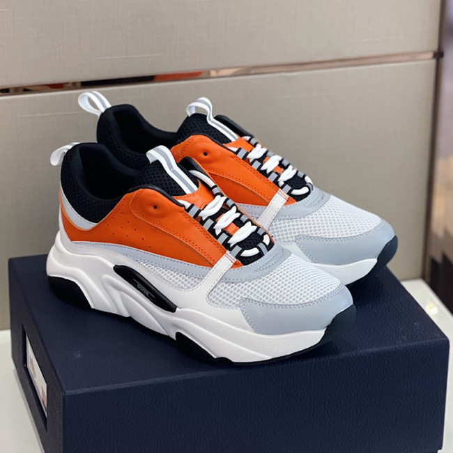 Dior Mens Shoes Sneakers Luxury Brand Breathable Design B22 SNEAKER Black and White Technical Mesh with Orange and White Smooth Calfskin Whatapp