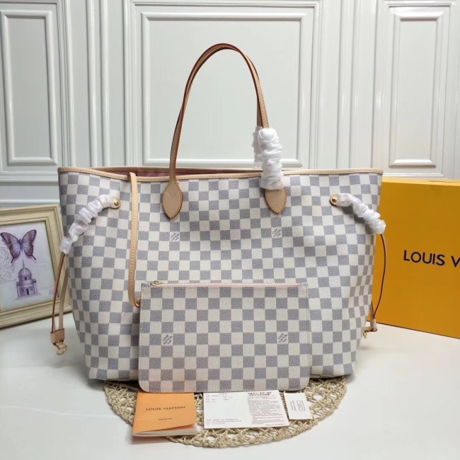 Louis Vuitton Womens Bags Handbags Luxury Brand LV NEVERFULL GM Rose Ballerina Damier Azur Canvas N41604 Whatapp