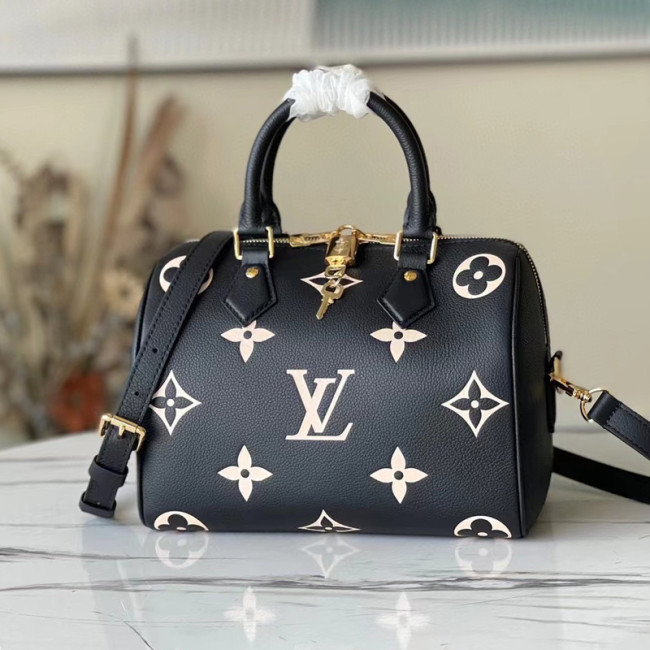 Louis Vuitton Womens Bags Luxury Brand Fashion Type SPEEDY BANDOULIÈRE 25 Black/Beige Embossed grained cowhide leather M58947 with Original Box Whatapp