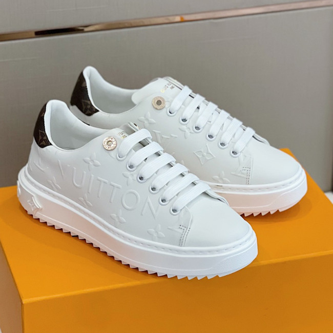 Louis Vuitton Women Shoes Sneakers Lace-Up Luxury Brand Fashion TIME OUT SNEAKER White Debossed calf leather and recycled Monogram nylon with Original Box 1AAP6H Whatapp