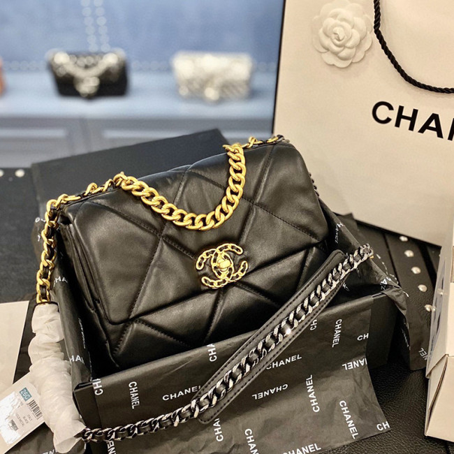 Chanel Womens Shoulder Bags Luxury Chanel 19 Large Flap Bag Goatskin, Gold-Tone, Silver-Tone & Ruthenium-Finish Metal Black Whatapp