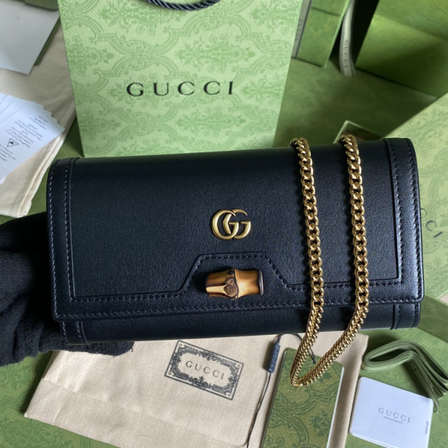 Gucci Womens Mens Bags Wallets Luxury Brand Gucci Diana chain wallet with bamboo in black leather with Original Box 658243 17Q0T 1000 Whatapp