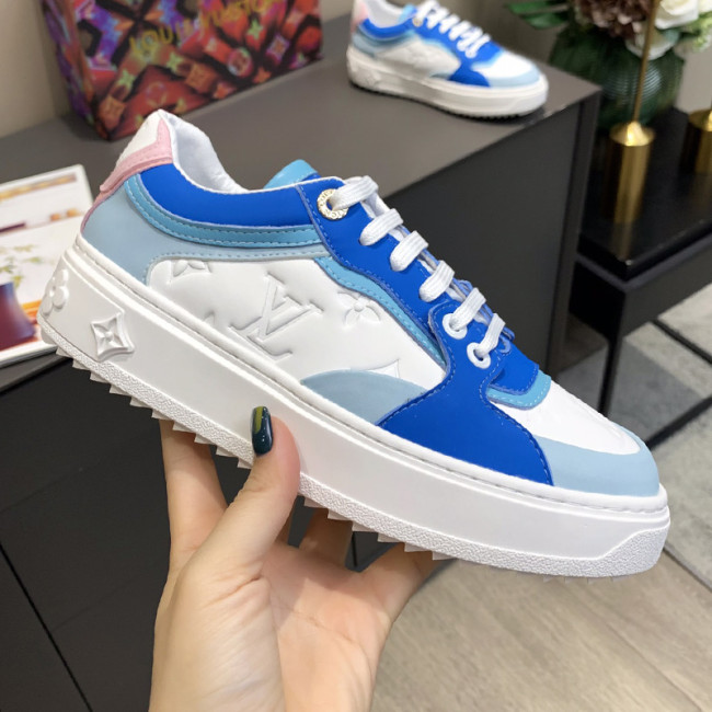 Louis Vuitton Women Shoes Sneakers Lace-Up Luxury Brand Fashion TIME OUT SNEAKER Blue Monogram-embossed lamb leather and calf leather with Original Box 1A8VV9 Whatapp