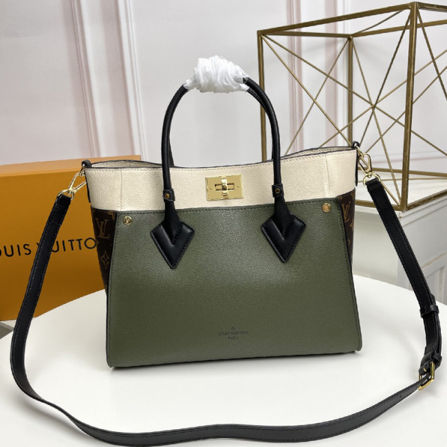 Louis Vuitton Womens Shoulder Bags Handbags Luxury Brand Fashion ON MY SIDE MM Laurier Green/Toffee Latte Beige Twist calfskin and Monogram coated canvas M55302 Whatapp