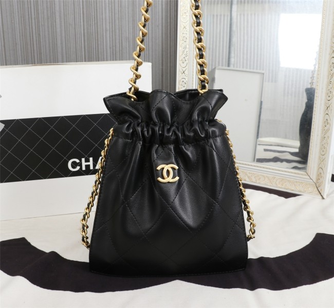 Chanel Womens Bags Drawstring Backpack shopping bag Shiny Lambskin & Gold-Tone Metal Black Whatapp