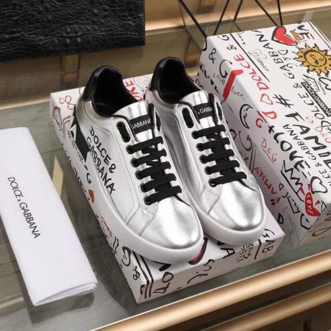 Dolce&Gabbana Men Shoes Sneakers Luxury Metallic Calfskin Nappa Portofino Sneakers Silver CS1772AW151H12LX Whatapp