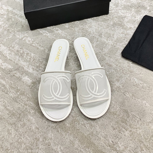 Chanel Womens Shoes Mules Mesh & Patent Calfskin White Whatapp