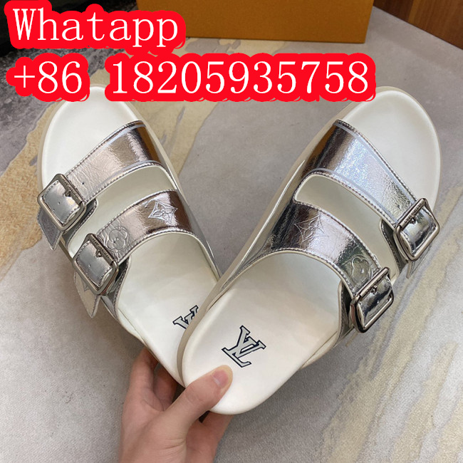 Louis Vuitton Mens Shoes Slippers Sandals Flip Flop Luxury Brand LV TRAINER MULE with Original Box 1A8SKS Silver Metallic leather Whatapp