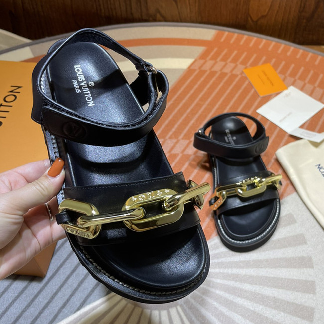 Louis Vuitton Womens Shoes Sandals Leather Design Luxury Brand PASEO FLAT COMFORT SANDAL Black Monogram-embossed lamb leather and calf leather Whatapp