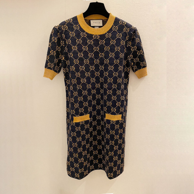 Gucci Womens Short Sleeve Dresses Luxury Brand GG lamé jacquard dress in blue and gold 692707 XKB54 4597 Whatapp